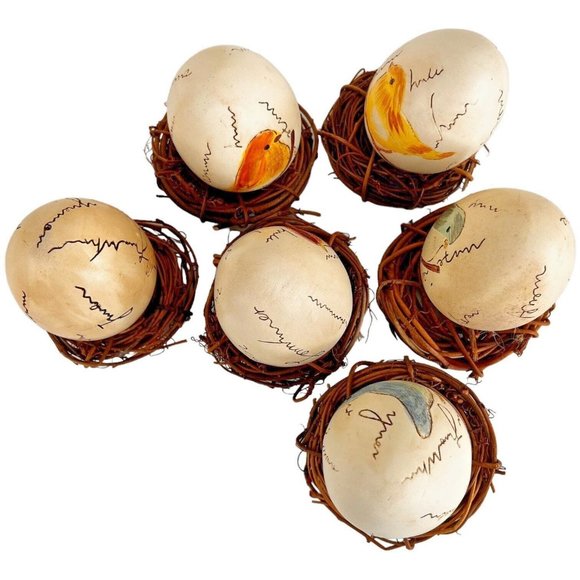6 Vintage Hand Painted Birds On Ceramic Eggs In Nests Blue Yellow 3 1/4 Inch - Picture 12 of 12